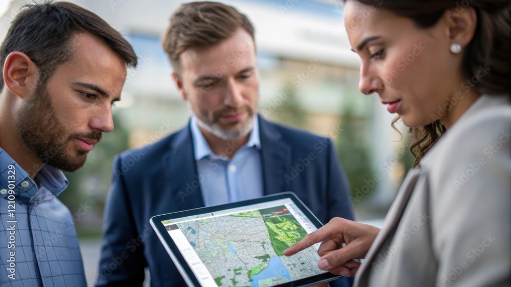 Aufkleber A medium closeup focuses on a team of professionals gathered around a digital tablet displaying GIS data illustrating the collaboration and technology used in assessing land use