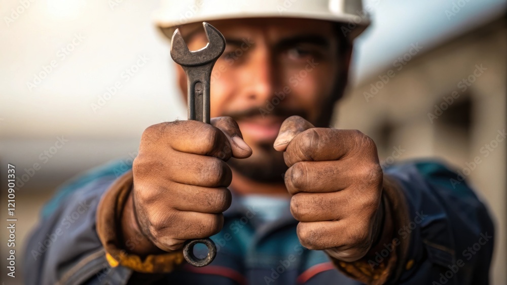 Poster a medium closeup focuses on the workers hands gripping a tool with calloused fingers indicating year