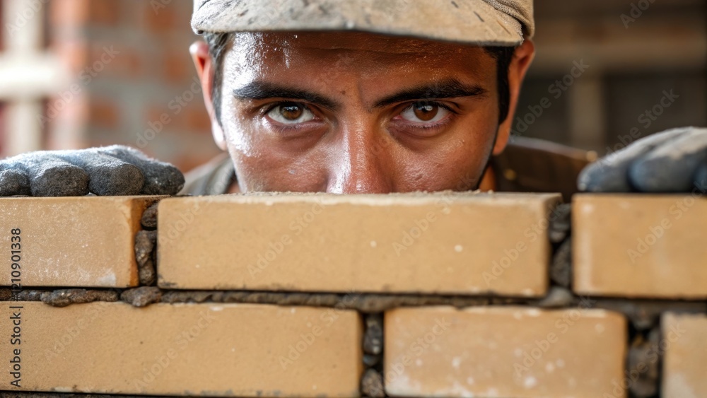 Poster a medium closeup focusing on a bricklayers face concentrating intently on the task beads of sweat gl
