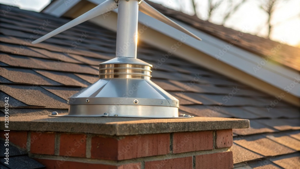 Poster a medium closeup focusing on the base of a small wind turbine affixed to a residential rooftop with 
