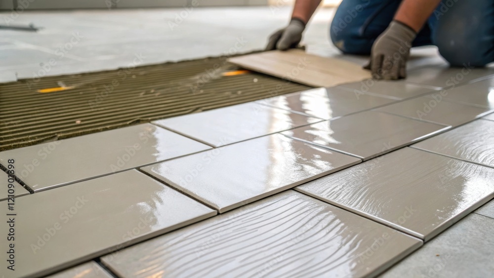 Poster A medium closeup focusing on the precision of a tile setter as they apply adhesive to a floor surface showcasing the gleaming tile pieces ready for placement with the reflective
