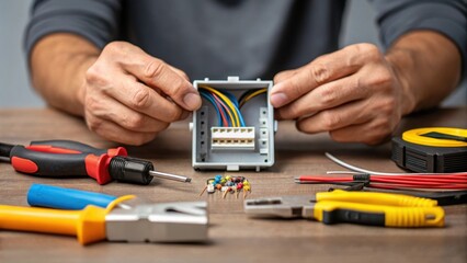A medium closeup featuring the hands of an electrician fastening wires into a junction box with various electrical tools tered around the workspace.