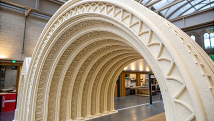 A medium closeup focusing on the interior of a 3Dprinted archway emphasizing the smooth curves and strong support structures formed by the additive manufacturing process showcasing