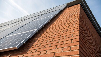 A medium closeup focusing on the intersection between a solar panel and a buildings brick wall emphasizing the smooth transition and design harmony achieved through innovative
