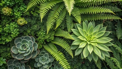 A medium closeup focusing on the contrasting leaves of ferns and succulents on a living wall displaying the variety of plant forms and textures that enhance visual interest and