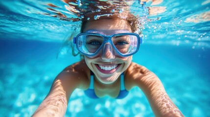 Naklejka premium Female swimmer at the swimming pool.Underwater photo