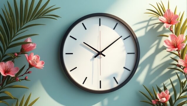 Close-up, eye-level shot of an elegant round analog clock in a sleek black frame, hanging on a serene light blue wall. Its pristine white face features distinct black hour and minute hands with a stri