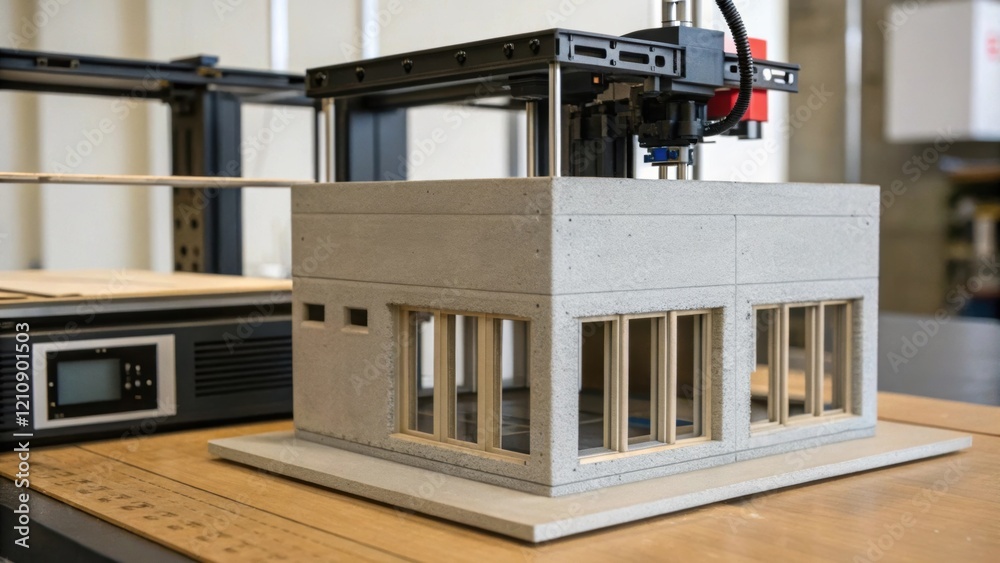 Aufkleber A medium closeup image of a scaled model next to a 3D printer illustrating the architectural design of an innovative concrete structure with highlighted areas indicating features