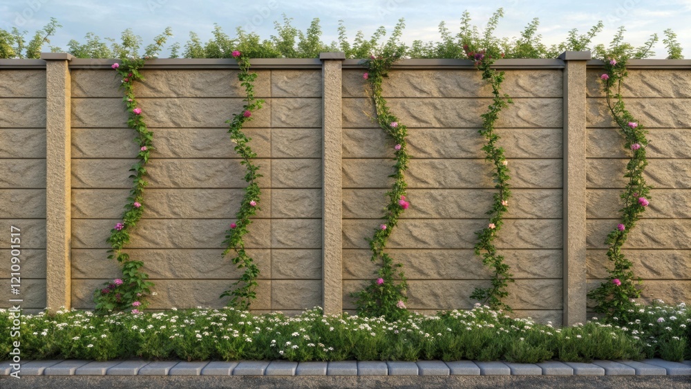 Poster a medium closeup of a barrier wall with a textured surface featuring small flowering plants and vine