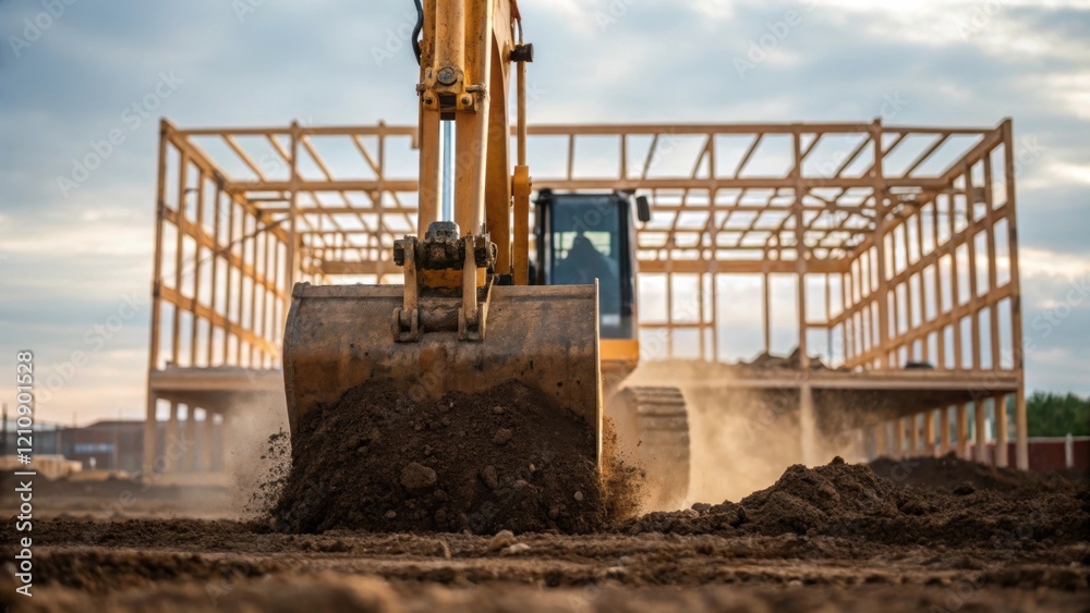Aufkleber A medium closeup of a backhoe digging into the earth with dirt spraying in the air. In the background the skeletal framework of a school begins to take shape emphasizing the
