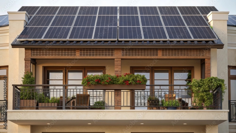 Aufkleber A medium closeup of a balcony adorned with solar panels acting as railings demonstrating innovative use of space and showcasing how renewable energy solutions can complement