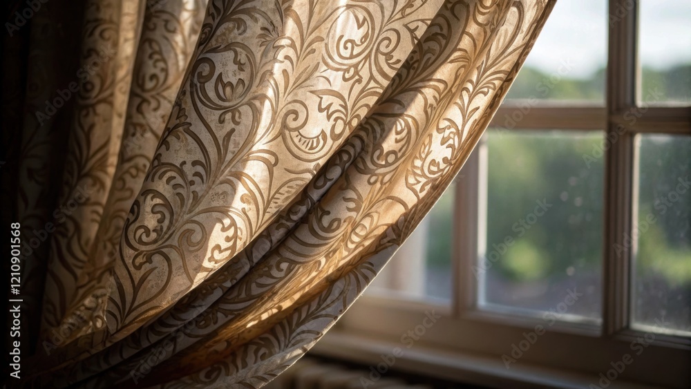 Poster A medium closeup of a beautifully patterned curtain d down the side of a window with the light casting soft shadows and highlighting the flowing fabric.