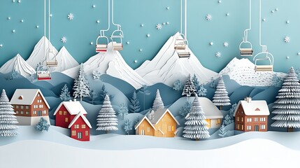 Snowy Mountain Village Winter Scene With Ski Lift