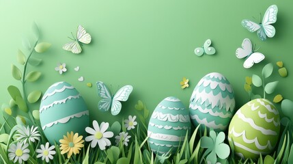 Green easter eggs and spring symbols in paper art design for holiday decor