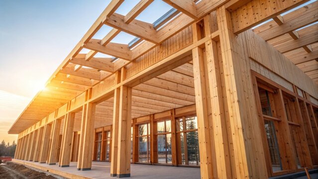 A medium closeup image showing a partially constructed building made with CLT with sunlight filtering through the framework. The warm tones of the timber contrast with the cool