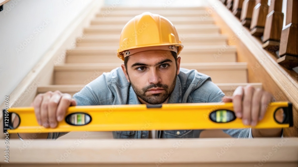 Poster a medium closeup of a carpenters face concentrated while holding a level against a freshly installed