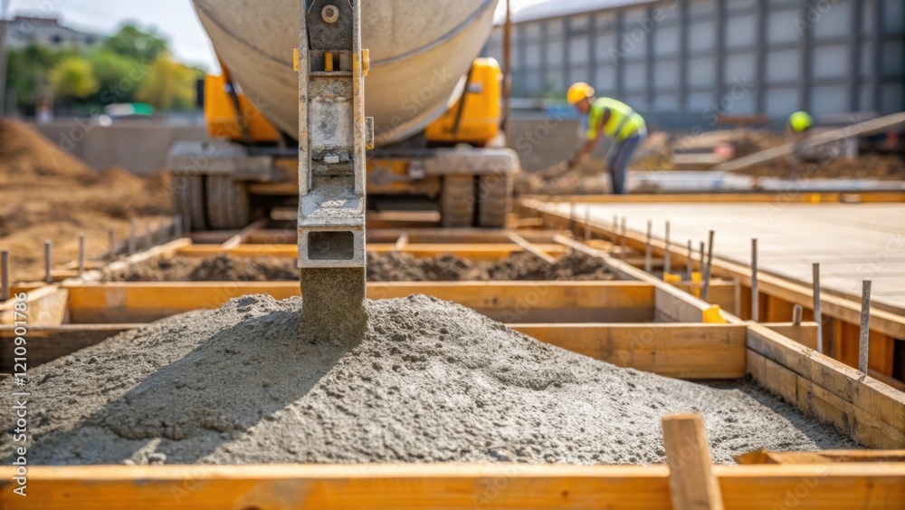 Poster a medium closeup of a cement mixer pouring concrete into a foundation form with construction tools l