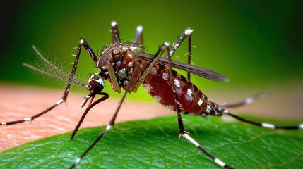 Fototapeta premium Close-up of a mosquito on skin with green background