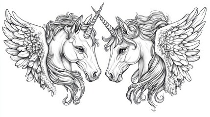 Detailed line art of two winged unicorns facing each other with flowing manes