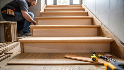 A medium closeup of a carpenter sanding the edges of a newly stair tread the smooth wood surface contrasting with the rough textures of the surrounding work area.