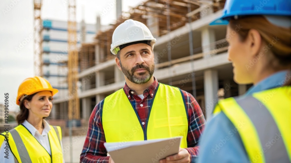Aufkleber A medium closeup of a construction manager discussing progress with a team onsite with halffinished structures and safety gear visible illustrating teamwork in a large development