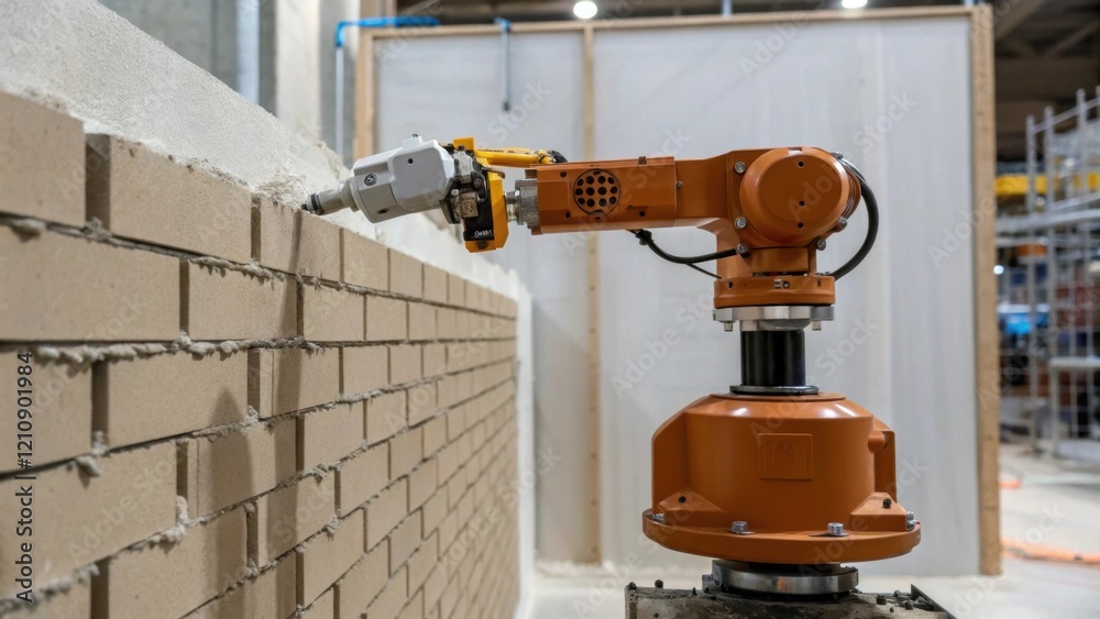 Fototapete A medium closeup of a construction robot applying mortar to a wall with close attention to the smooth flow of material being deposited illustrating the robots ability to replicate