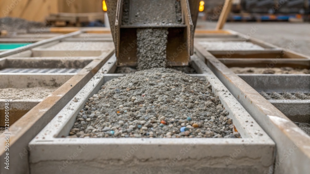 Poster A medium closeup of a construction site focusing on a mix of fresh concrete being poured into molds with visible aggregates made from crushed recycled glass and stone emphasizing