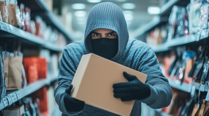 A person dressed in a grey hoodie and gloves is stealthily removing a packed box from a store shelf during late hours, surrounded by various products.