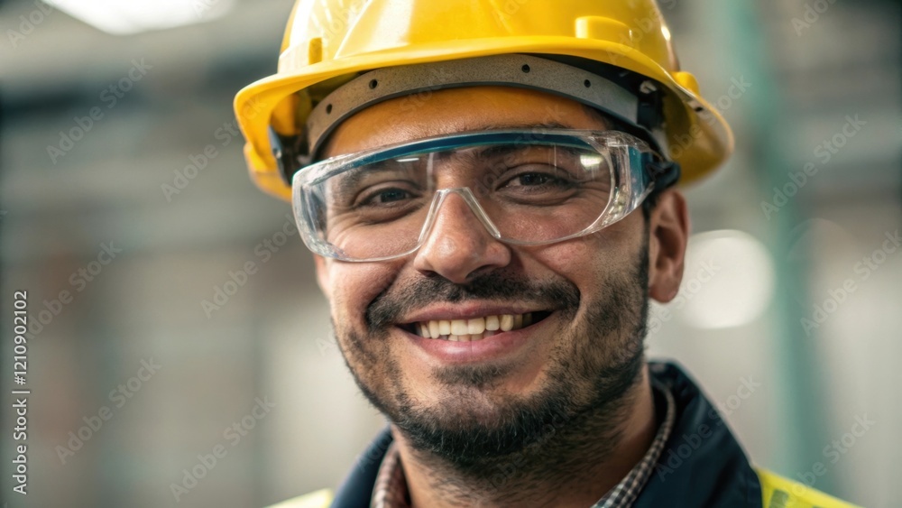 Poster a medium closeup of a construction workers face beaming with pride framed by a hard hat and safety g