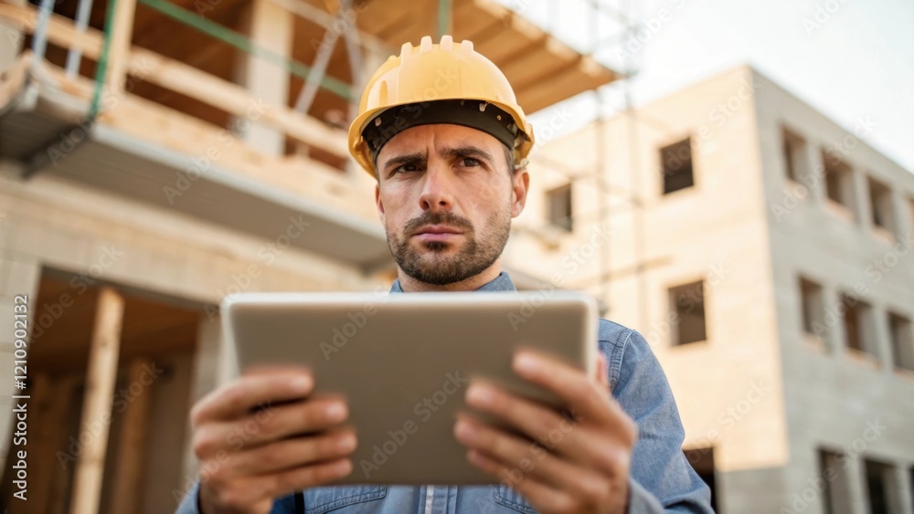 Poster A medium closeup of a construction worker with a hard hat listening intently as an architect presents ideas using a tablet. The workers focused expression conveys the seriousness