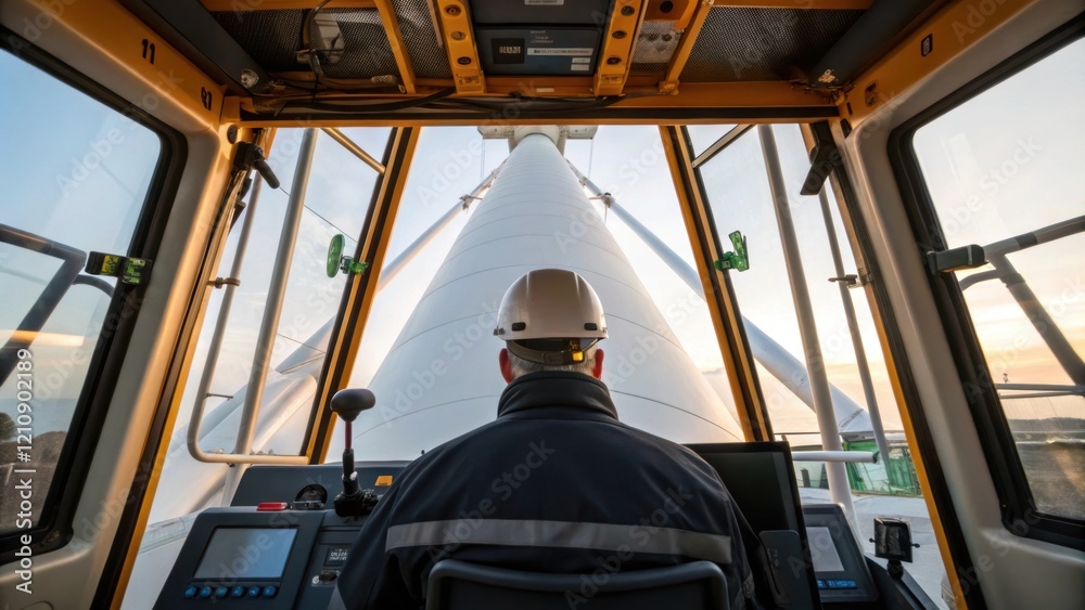 Poster A medium closeup of a crane operator in a cabin with the wind turbine assembly in view highlighting the scale of machinery required to construct tall structures and the expertise