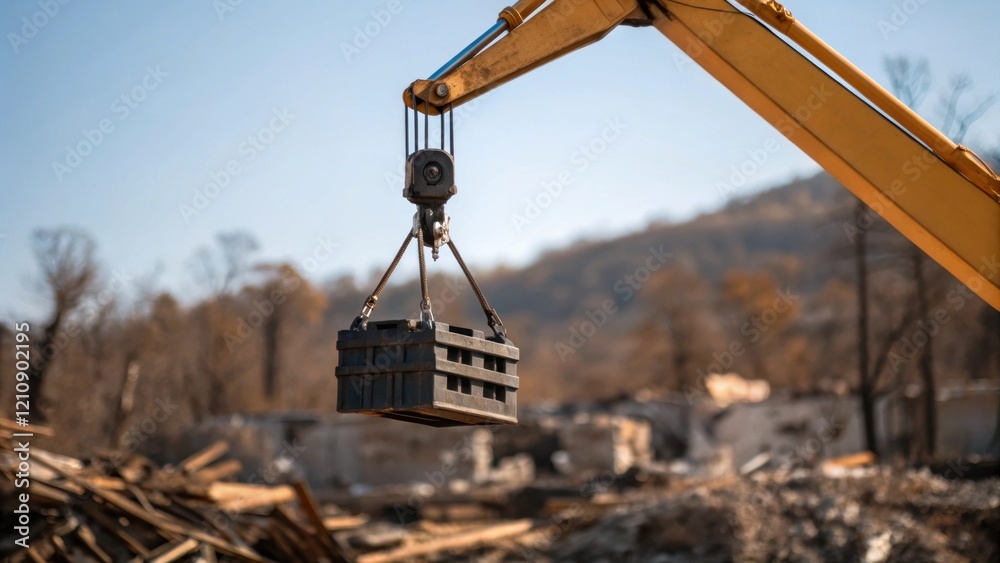 Poster a medium closeup of a crane lifting materials skyward against a backdrop of a devastated landscape c