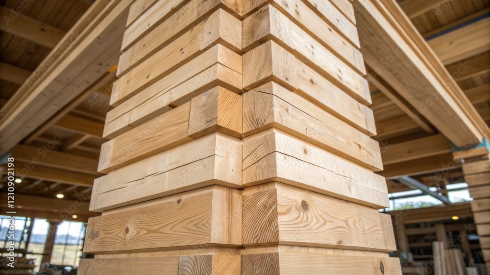 Aufkleber A medium closeup of a crosssection of a large timber column revealing the multilayered construction with visible glue lines emphasizing the structural integrity and design