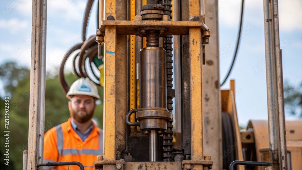 Poster A medium closeup of a drill rig in operation with a technician overseeing the installation of a vertical borehole for a geothermal system illustrating the scale and complexity of