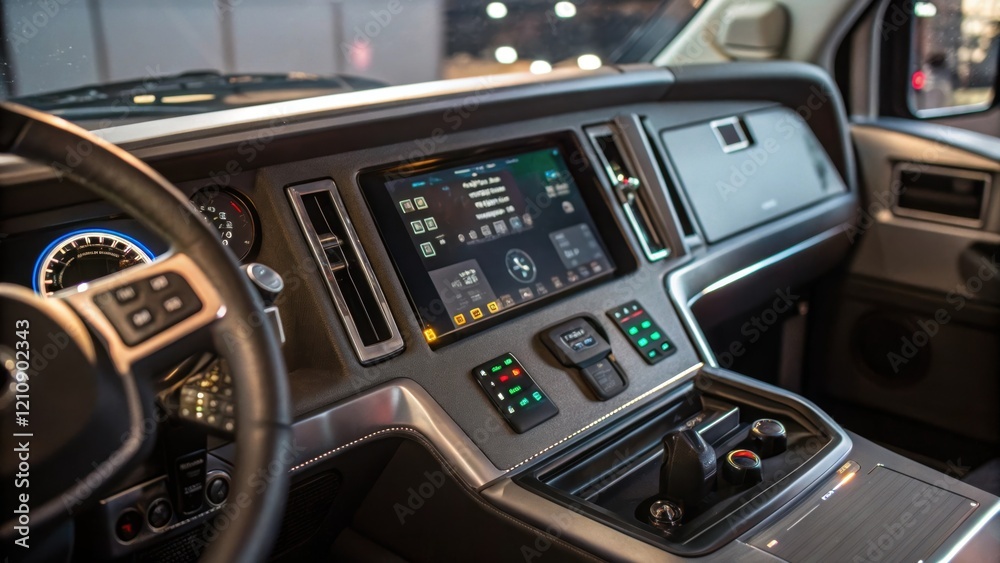 Aufkleber A medium closeup of a driverless trucks control panel inside the cabin featuring digital displays and buttons emphasizing advanced navigation technology against the interiors