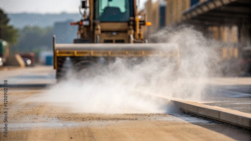 Poster A medium closeup of a dust suppression agent being applied to a construction surface a fine mist enveloping the area as particles settle with machinery in the background continuing