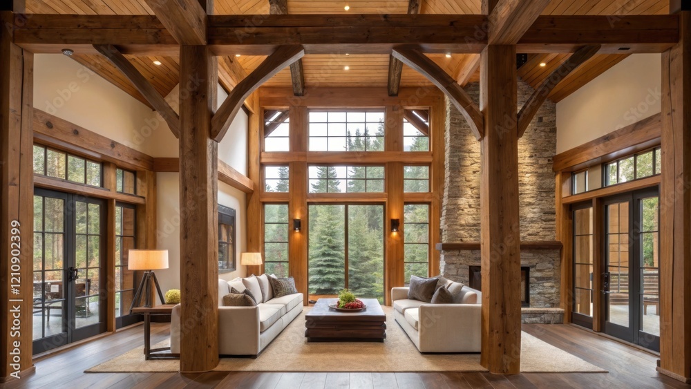 Aufkleber A medium closeup of a finished interior space where large timber elements serve as exposed structural features creating a warm and inviting atmosphere with natural lighting
