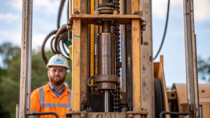 A medium closeup of a drill rig in operation with a technician overseeing the installation of a vertical borehole for a geothermal system illustrating the scale and complexity of