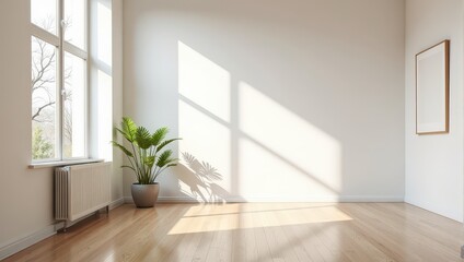 Obraz premium Close-up of lush greenery nestled in a sleek gray pot, set against a warm light brown wood floor and pristine white wall, with its gentle shadow dancing on the surface beside it