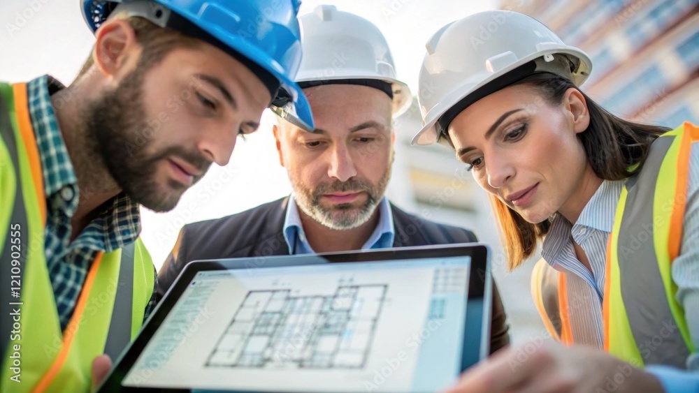 Aufkleber A medium closeup of a group of engineers gathered around a large digital tablet intensely discussing a building design. Their expressions convey a sense of focus and teamwork as