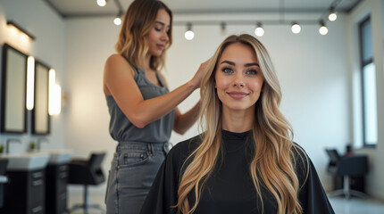 Hairdresser analyzing her blonde client's hair in her salon