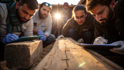 A medium closeup of a group of researchers gathered around a site examining a wooden beam with hand tools in the sunlight highlighting their collaborative effort to document and