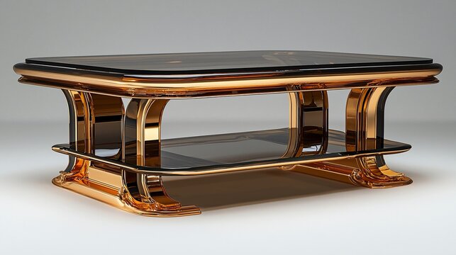 Modern glass and gold coffee table with lower shelf.
