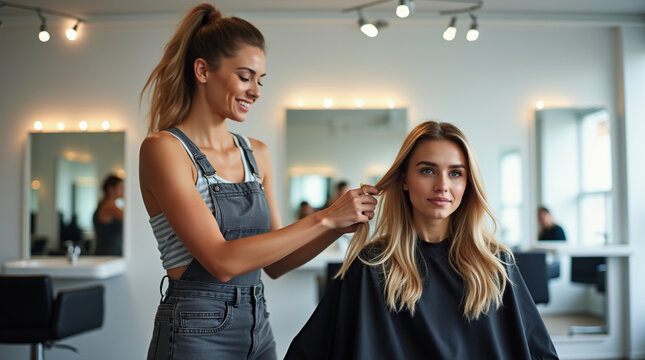 Hairdresser analyzing her blonde client's hair in her salon