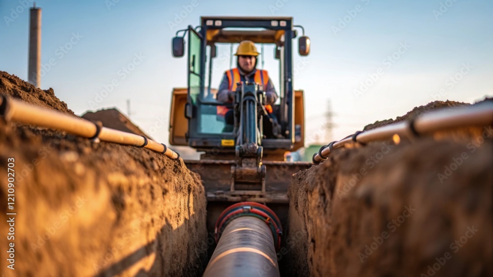 Poster A medium closeup of a heavy machinery operator using an excavator to dig a large trench with visible pipes and valves in the background illustrating the groundwork necessary for