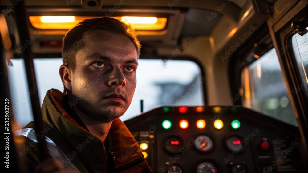 Aufkleber A medium closeup of a heavy machinery operator their face partially shadowed intensely focused on the controls with the glow of the machines dashboard lighting their expression.