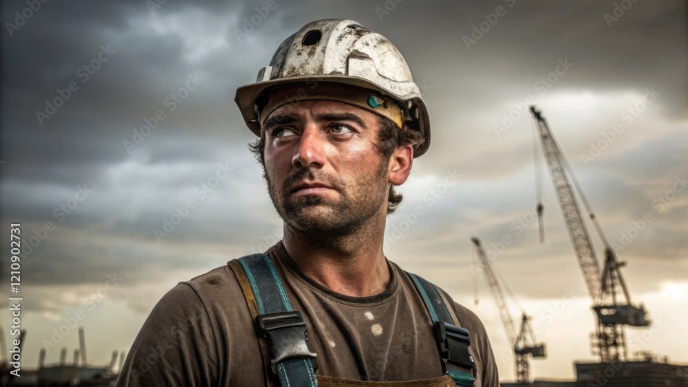 Aufkleber A medium closeup of a laborers face focused and determined beads of sweat visible on their forehead as they secure tools in their tool belt amidst the backdrop of sky and cranes.