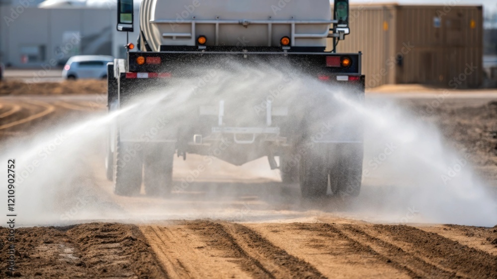 Poster a medium closeup of a large dust suppression truck maneuvering on a construction site discharging a 