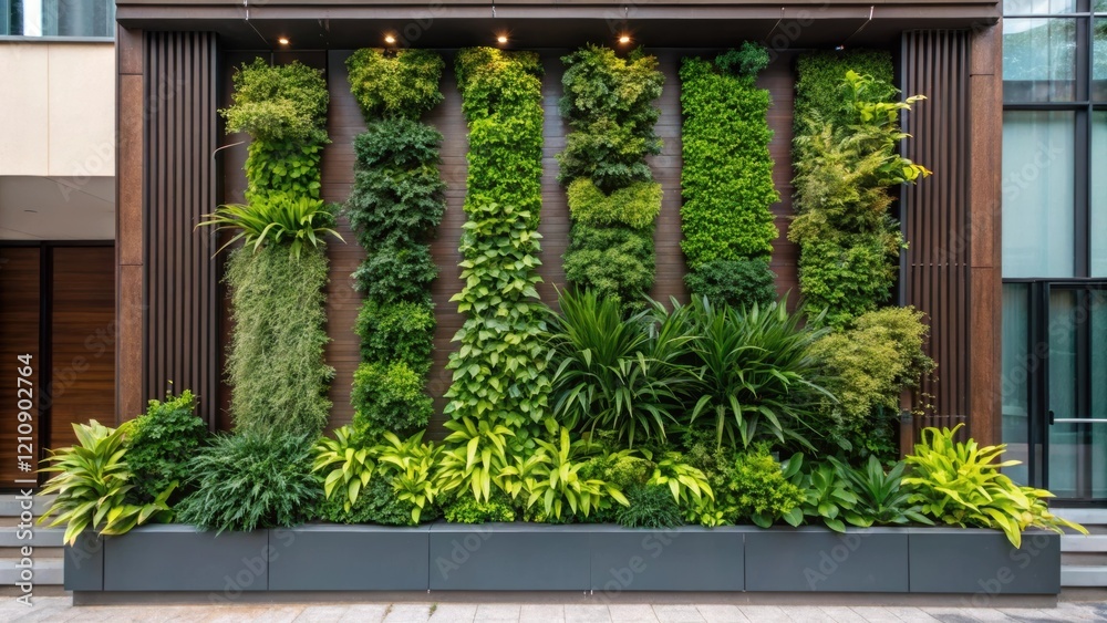 Poster a medium closeup of a lush vertical garden on a building faã§ade showcasing a variety of plants that