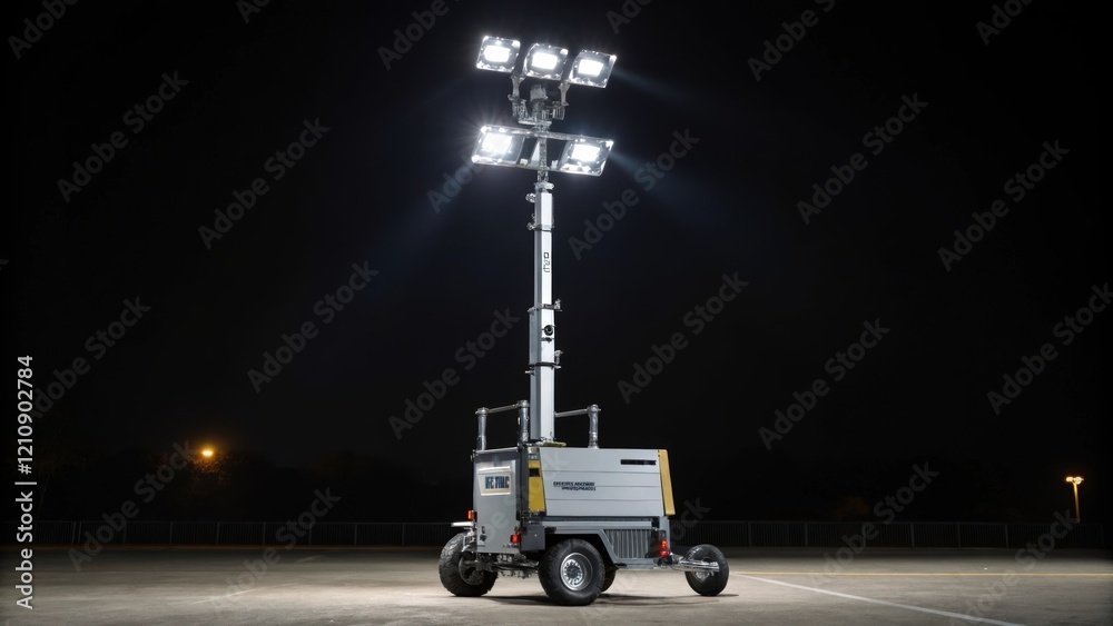 Poster A medium closeup of a mobile lighting tower with adjustable height and multiple light fixtures providing extensive visibility across the site at night with a sleek design and